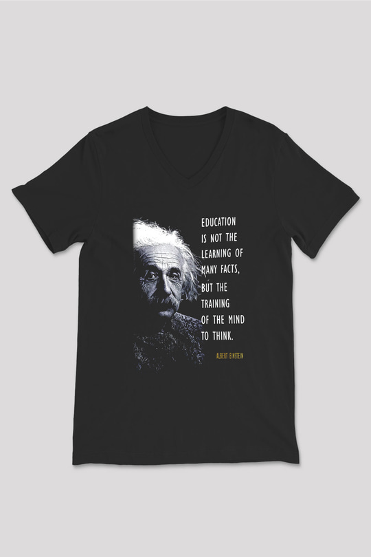 Albert Einstein Sözü Portre Baskılı Unisex V Yaka Siyah Tİşört - Tshirt