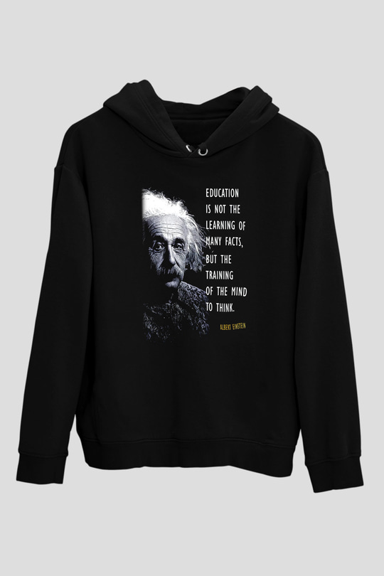 Albert Einstein Sözü Portre Baskılı Unisex Siyah Hoodie