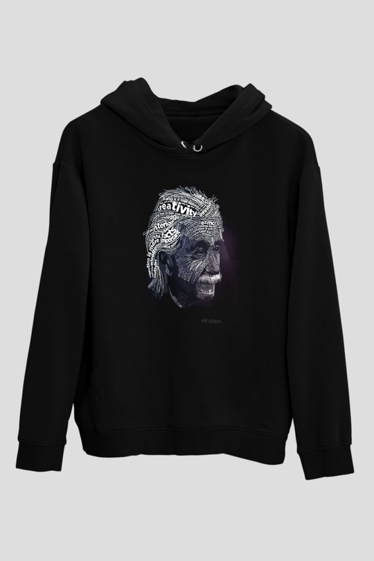 Albert Einstein Tipografi Baskılı Unisex Siyah Hoodie