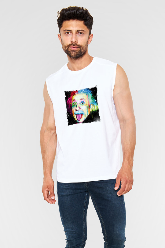 Albert Einstein Unisex Baskılı Beyaz Kolsuz Tişört