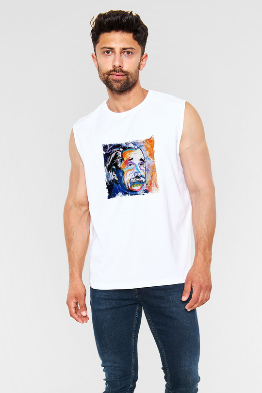 Albert Einstein Unisex Baskılı Beyaz Kolsuz Tişört