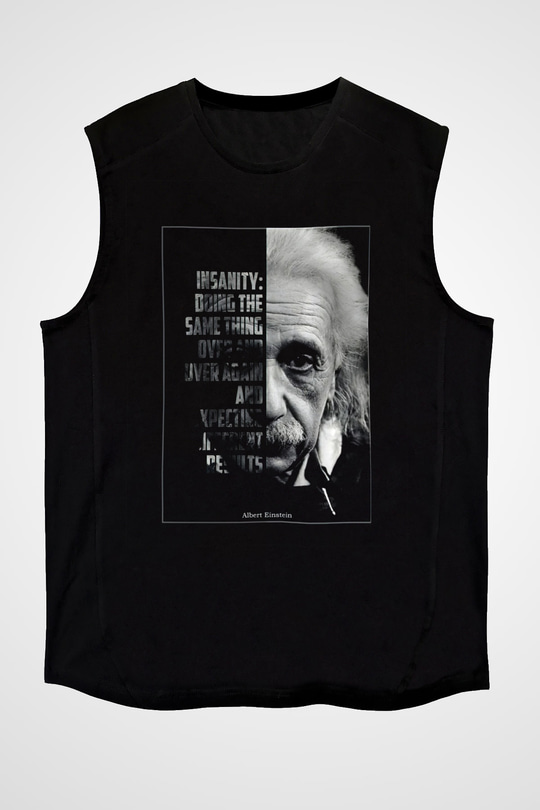 Albert Einstein Yarı Portre Baskılı Unisex Kolsuz Siyah Tişört - Tshirt