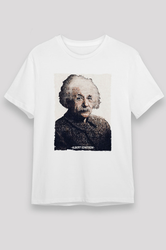 Albert Einstein Yazılı Portre Baskılı Unisex Beyaz Tişört - Tshirt