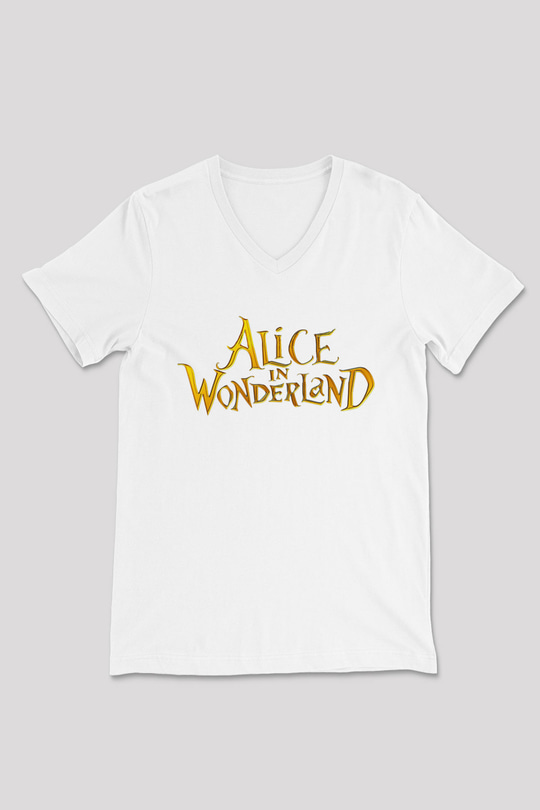 Alice in Wonderland Beyaz Unisex V Yaka Tişört T-Shirt