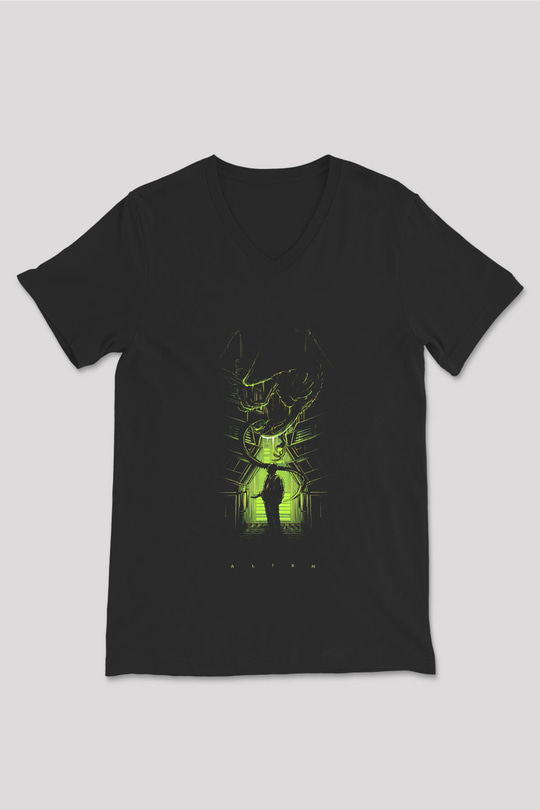 Alien Siyah Unisex V Yaka Tişört T-Shirt