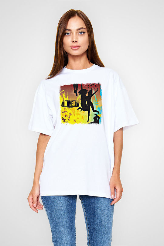 All Time Low Baskılı Unisex Beyaz Oversize Tişört