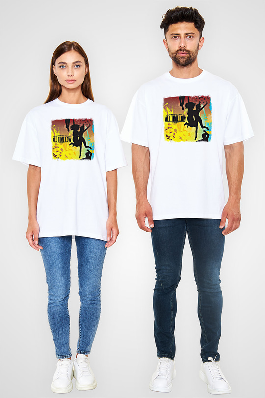 All Time Low Baskılı Unisex Beyaz Oversize Tişört