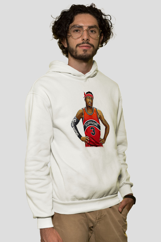 Allen Iverson Baskılı Beyaz Unisex Kapüşonlu Sweatshirt