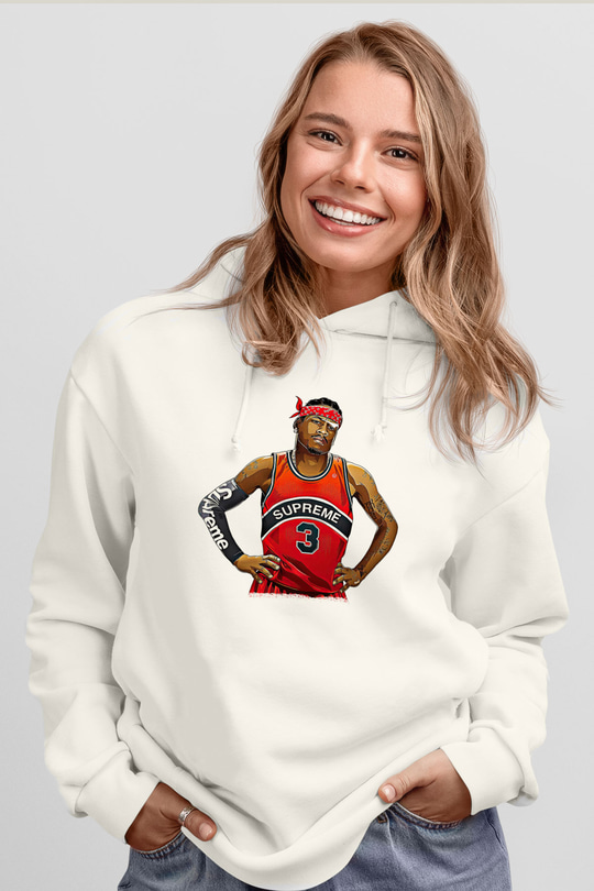 Allen Iverson Baskılı Beyaz Unisex Kapüşonlu Sweatshirt