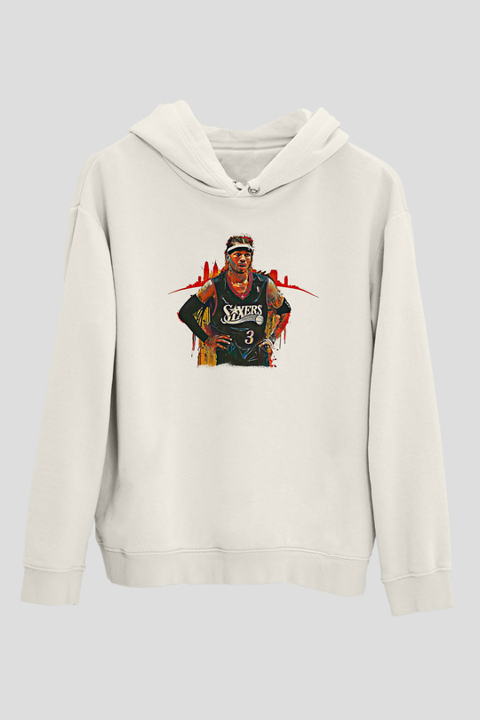 Allen Iverson Baskılı Beyaz Unisex Kapüşonlu Sweatshirt