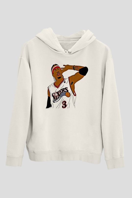 Allen Iverson Baskılı Beyaz Unisex Kapüşonlu Sweatshirt