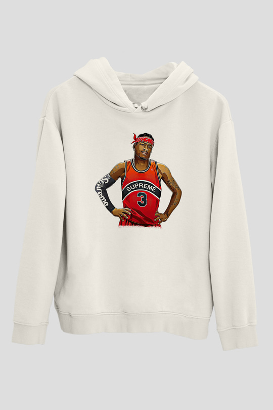 Allen Iverson Baskılı Beyaz Unisex Kapüşonlu Sweatshirt