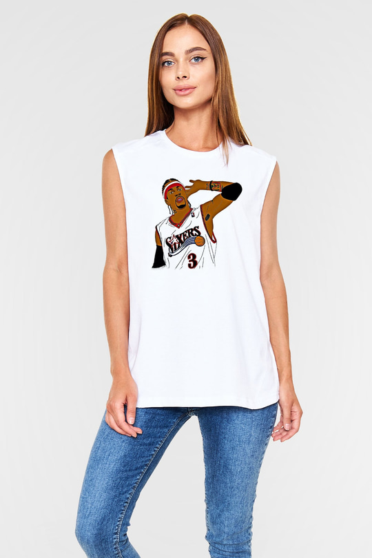 Allen Iverson Baskılı Beyaz Unisex Kolsuz Tişört - Tshirt