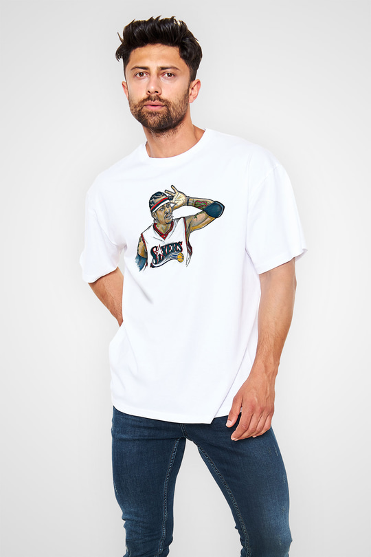 Allen Iverson Baskılı Beyaz Unisex Oversize Tişört - Tshirt