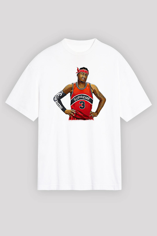 Allen Iverson Baskılı Beyaz Unisex Oversize Tişört - Tshirt