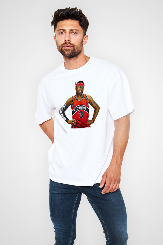 Allen Iverson Baskılı Beyaz Unisex Oversize Tişört - Tshirt