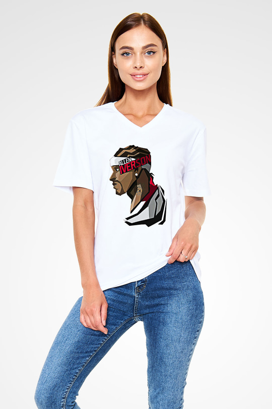 Allen Iverson Baskılı Beyaz Unisex V Yaka Tişört - Tshirt