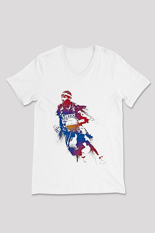 Allen Iverson Baskılı Beyaz Unisex V Yaka Tişört - Tshirt