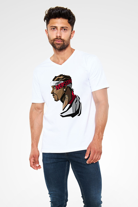 Allen Iverson Baskılı Beyaz Unisex V Yaka Tişört - Tshirt
