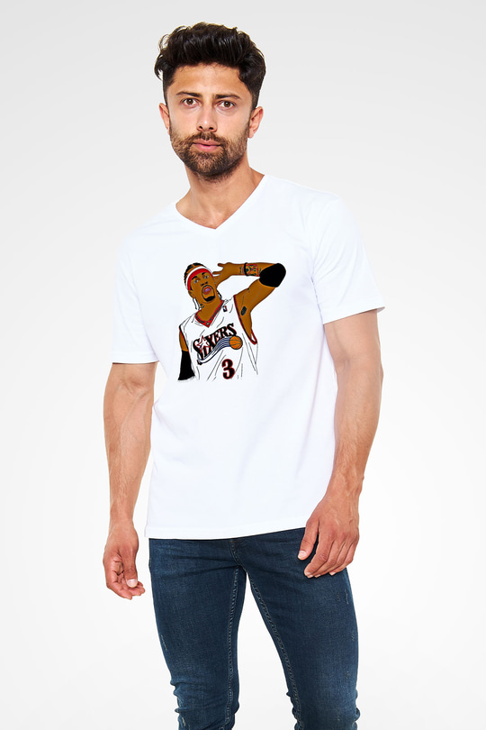 Allen Iverson Baskılı Beyaz Unisex V Yaka Tişört - Tshirt