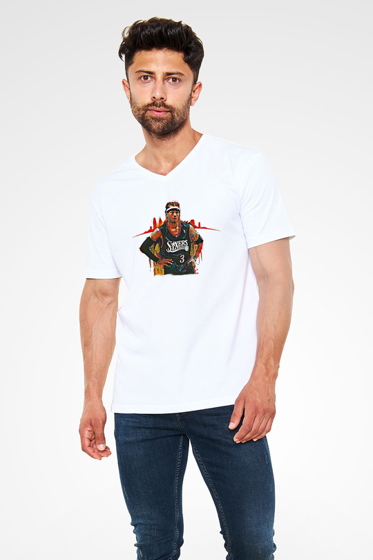 Allen Iverson Baskılı Beyaz Unisex V Yaka Tişört - Tshirt