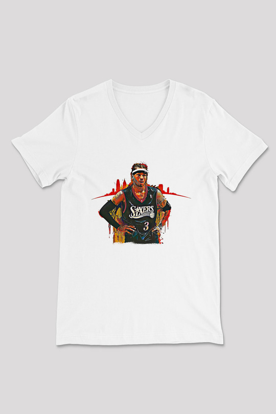Allen Iverson Baskılı Beyaz Unisex V Yaka Tişört - Tshirt