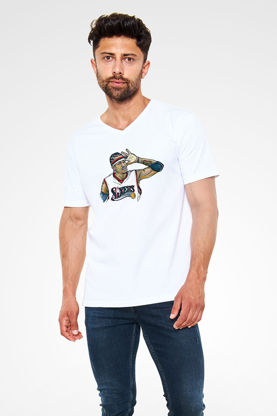 Allen Iverson Baskılı Beyaz Unisex V Yaka Tişört - Tshirt
