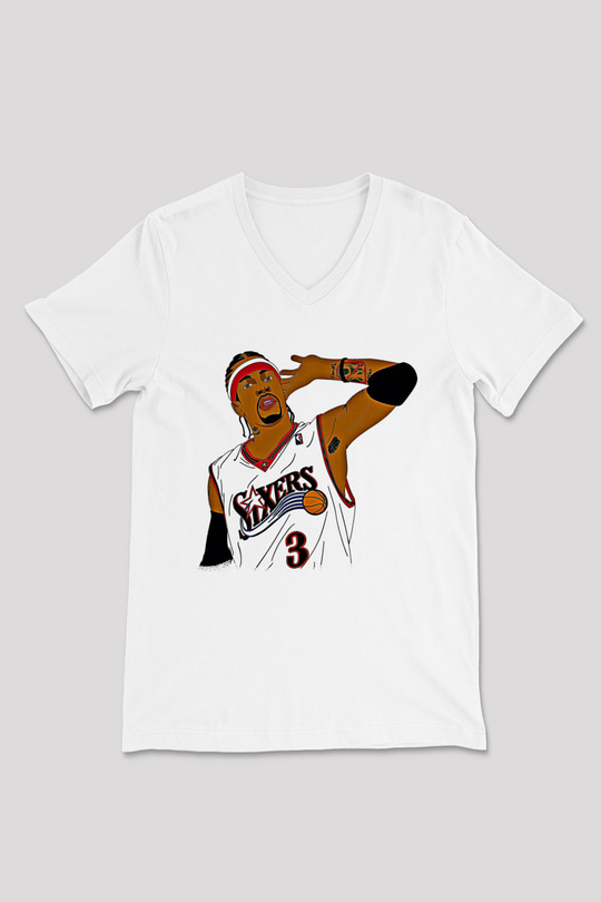 Allen Iverson Baskılı Beyaz Unisex V Yaka Tişört - Tshirt