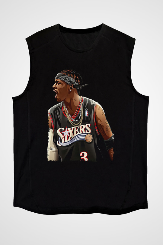 Allen Iverson Baskılı Unisex Siyah Kolsuz Tişört - Tshirt