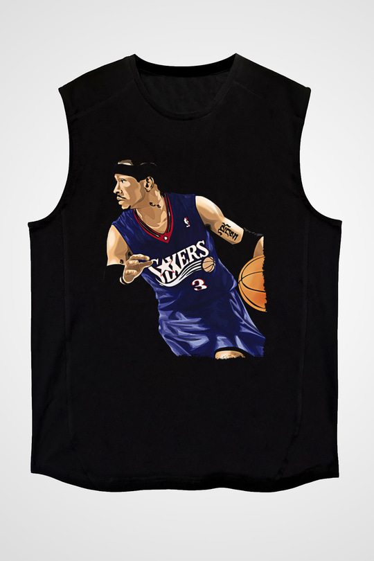 Allen Iverson Baskılı Unisex Siyah Kolsuz Tişört - Tshirt