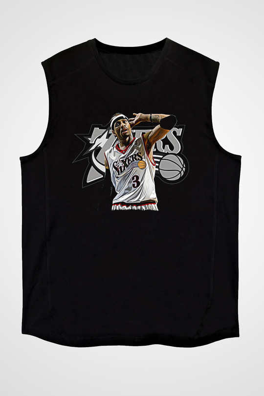Allen Iverson Baskılı Unisex Siyah Kolsuz Tişört - Tshirt