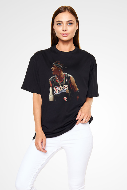Allen Iverson Baskılı Unisex Siyah Oversize Tişört - Tshirt
