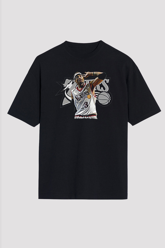 Allen Iverson Baskılı Unisex Siyah Oversize Tişört - Tshirt