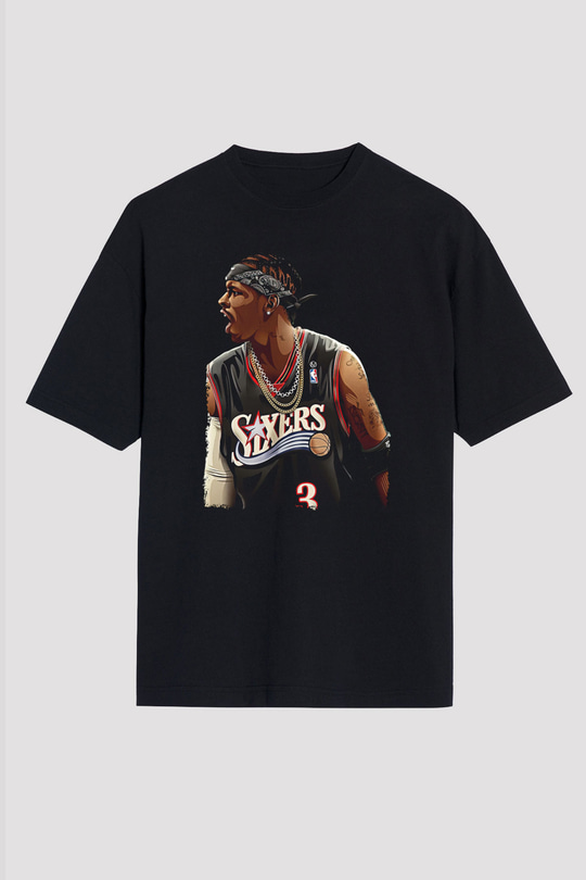 Allen Iverson Baskılı Unisex Siyah Oversize Tişört - Tshirt