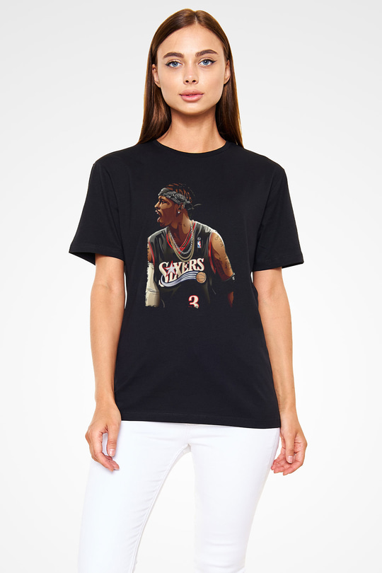 Allen Iverson Baskılı Unisex Siyah Tişört - Tshirt
