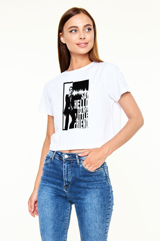 Alpacino Say Hello To My Little Friend Beyaz  Crop Top Tişört