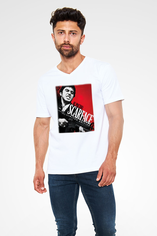 Alpacino Scarface Limited Edition Beyaz Unisex V Yaka Tişört T-Shirt
