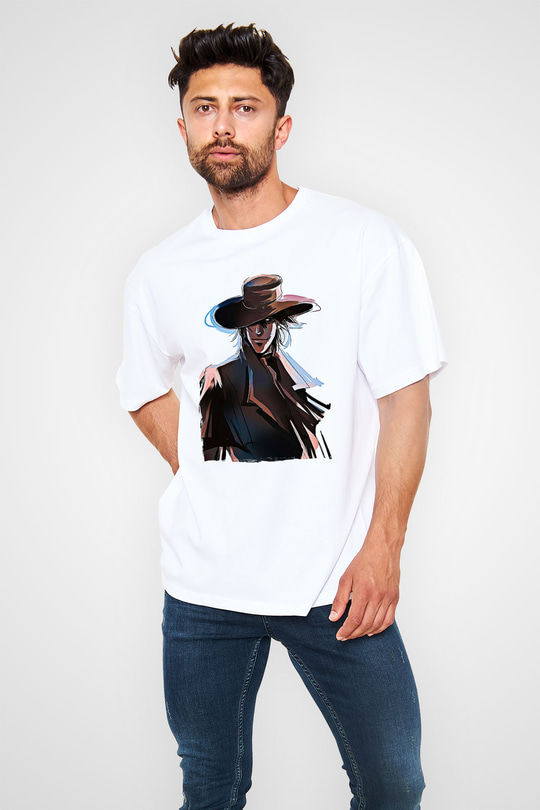 Alucard Baskılı Beyaz Unisex Oversize Tişört - Tshirt