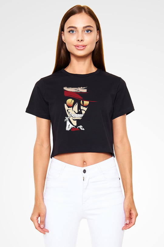 Alucard Baskılı Siyah Crop Top Kadın Tişört - Tshirt