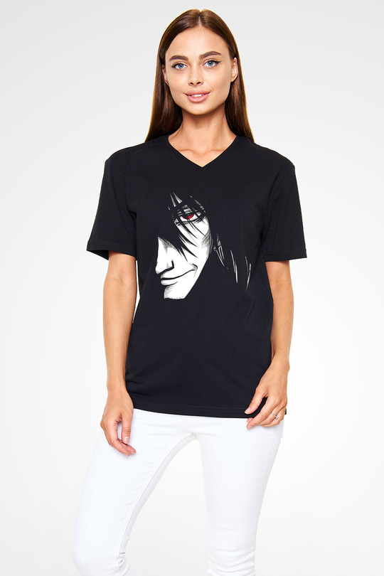 Alucard Baskılı Unisex Siyah V Yaka Tişört - Tshirt