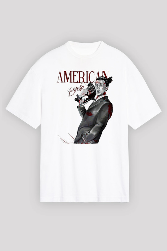 American Psycho Baskılı Beyaz Unisex Oversize Tişört - Tshirt