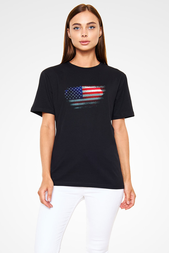 Amerika - Usa - America Bayrağı Baskılı Unisex Siyah Tişört