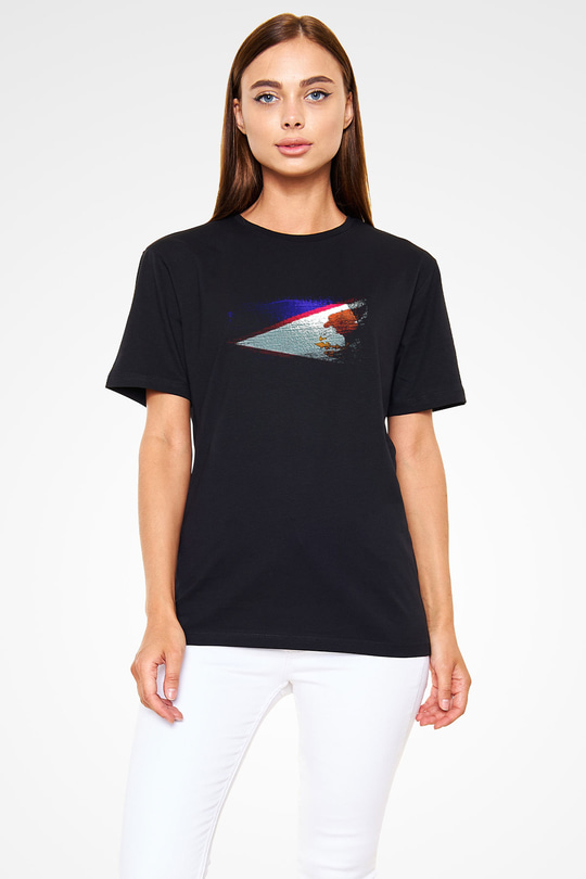 Amerikan Samoası - American Samoa Bayrağı Baskılı Unisex Siyah Tişört