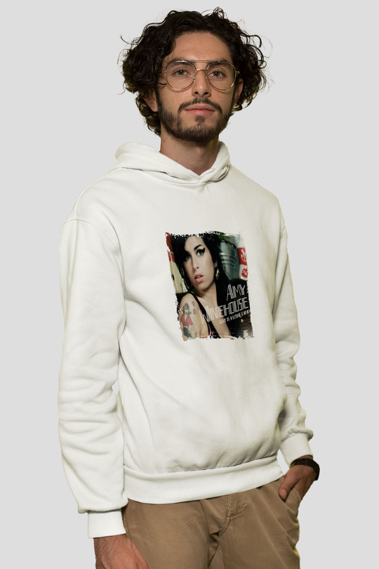 Amy Winehouse Baskılı Unisex Beyaz Kapüşonlu Sweatshirt