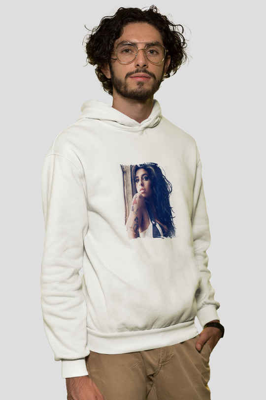 Amy Winehouse Baskılı Unisex Beyaz Kapüşonlu Sweatshirt