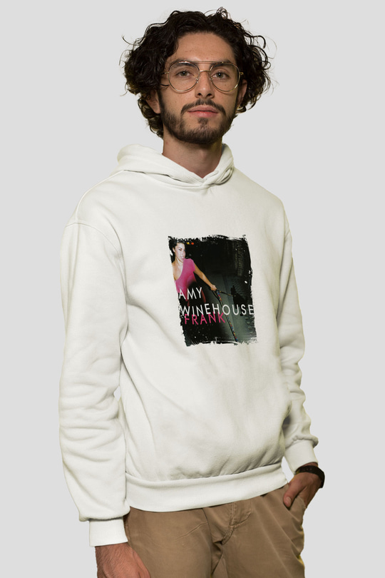 Amy Winehouse Baskılı Unisex Beyaz Kapüşonlu Sweatshirt