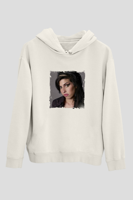 Amy Winehouse Baskılı Unisex Beyaz Kapüşonlu Sweatshirt