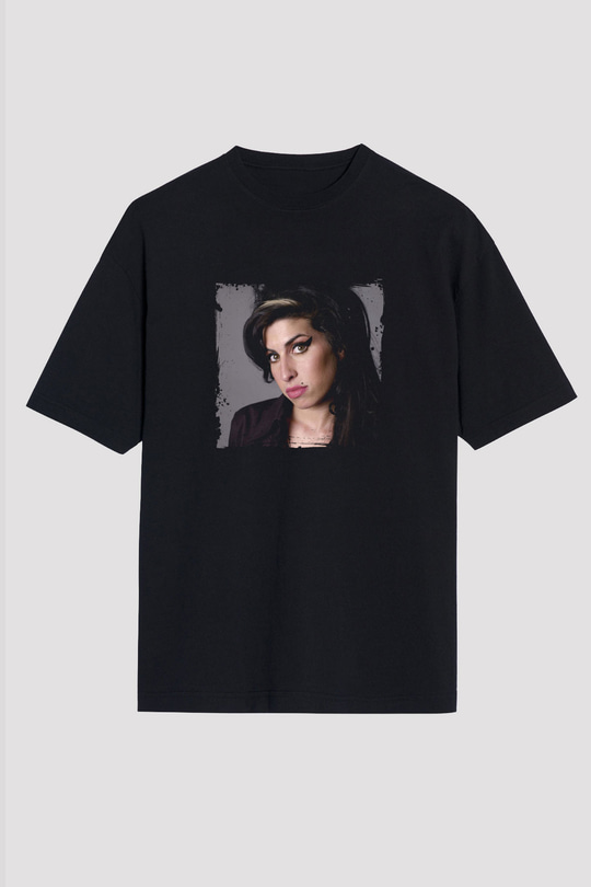 Amy Winehouse Baskılı Unisex Oversize Siyah Tişört