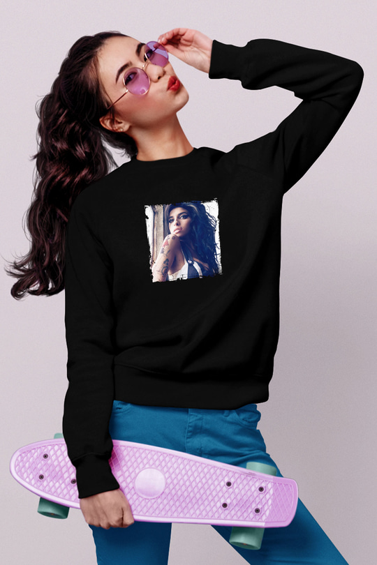 Amy Winehouse Baskılı Unisex Siyah Sweatshirt