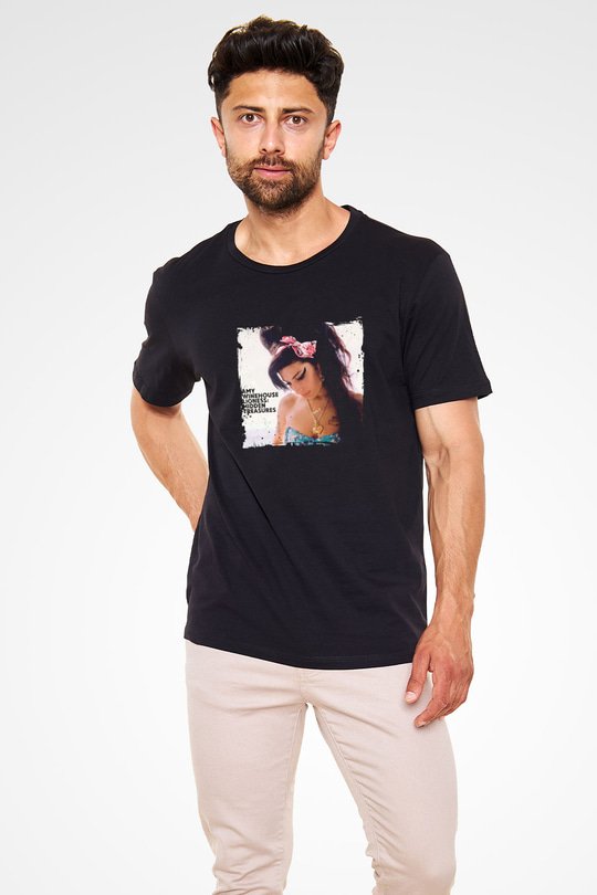 Amy Winehouse Baskılı Unisex Siyah Tişört